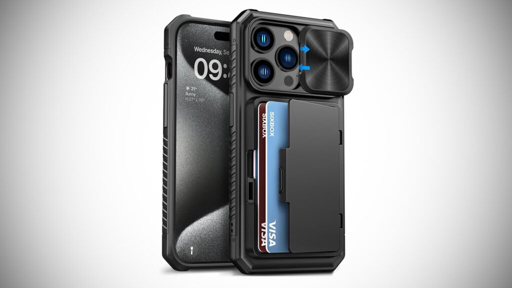 SIXBOX for iPhone 15 Pro Case with Card Holder & Slide Camera Lens Cover
