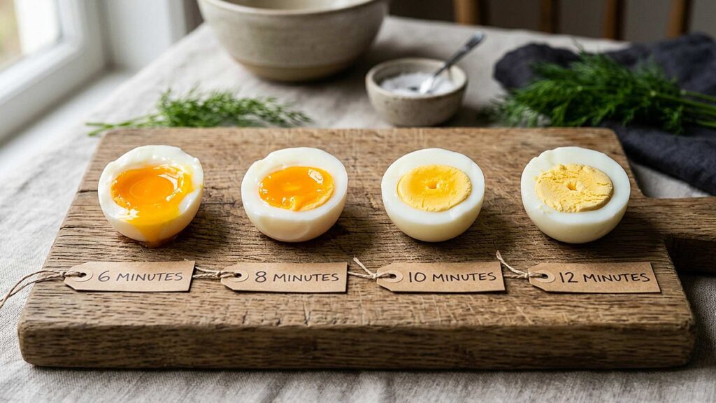 Boiled egg timing chart showing yolk consistencies from 6 to 12 minutes, ranging from liquid soft-boiled to firm hard-boiled.
