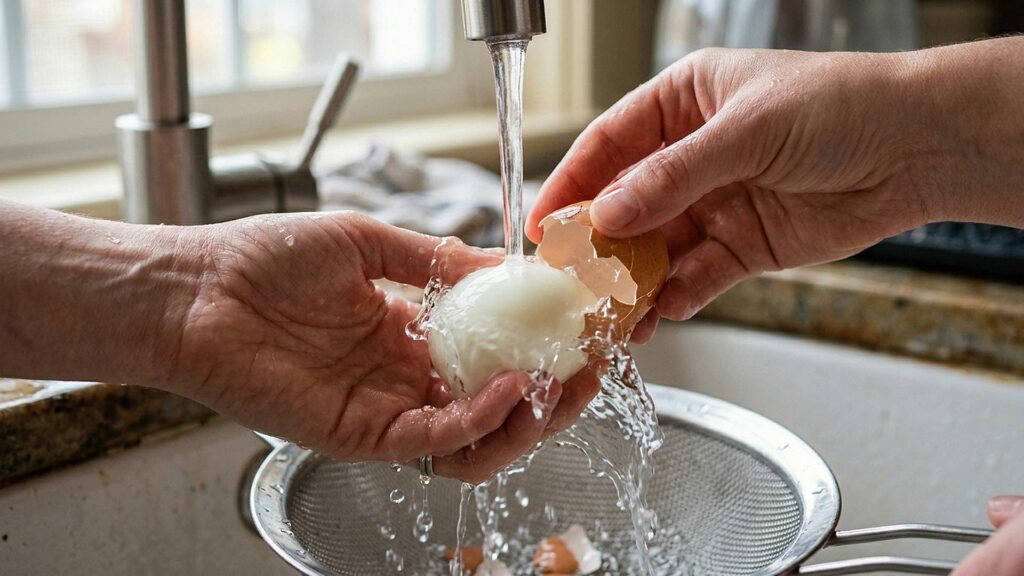 Close-up of a person peeling a hard-boiled egg under a stream of running water, with the shell sliding off easily.