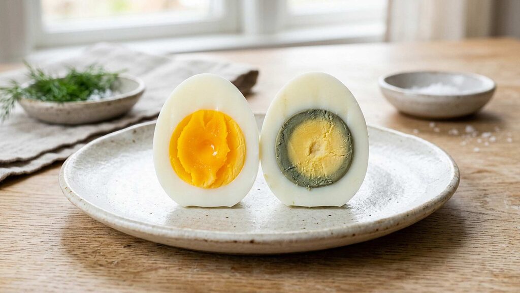 Side-by-side comparison of an overcooked egg with a gray ring around the yolk versus a perfectly boiled egg with a bright yellow yolk.