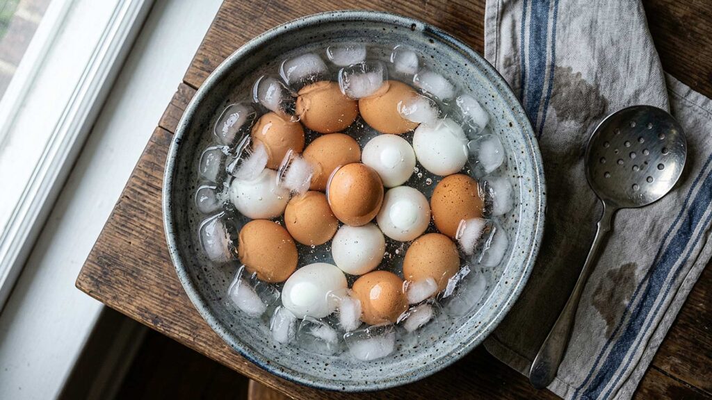 Hard-boiled eggs submerged in a glass bowl filled with ice and cold water to stop the cooking process.