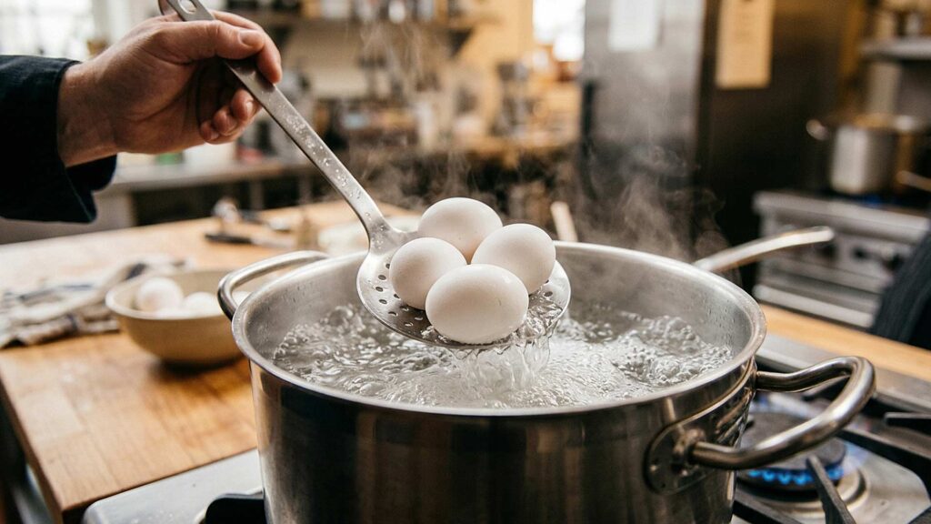 A slotted spoon gently lowering white eggs into a pot of boiling water on a stovetop.